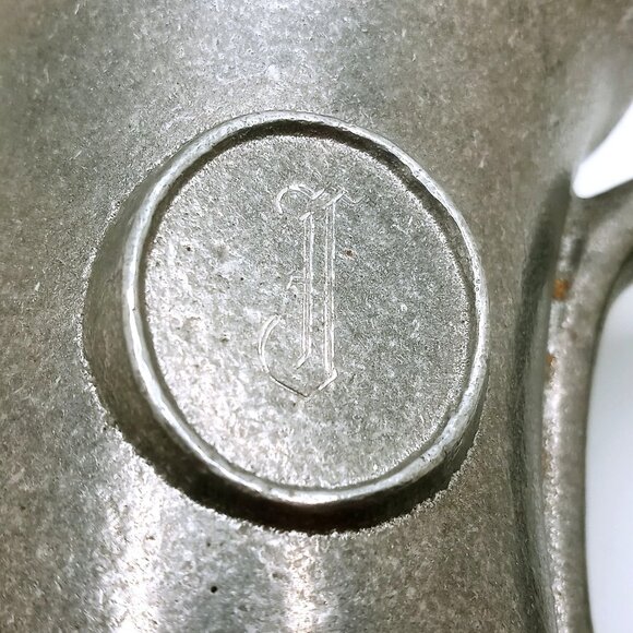 Vintage Pewter Pitcher Mug 5" Tankard Horn Stein Cup Monogrammed 'J' Marked - Picture 5 of 13